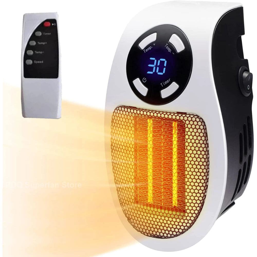 Portable heater with digital display and control panel on a white background