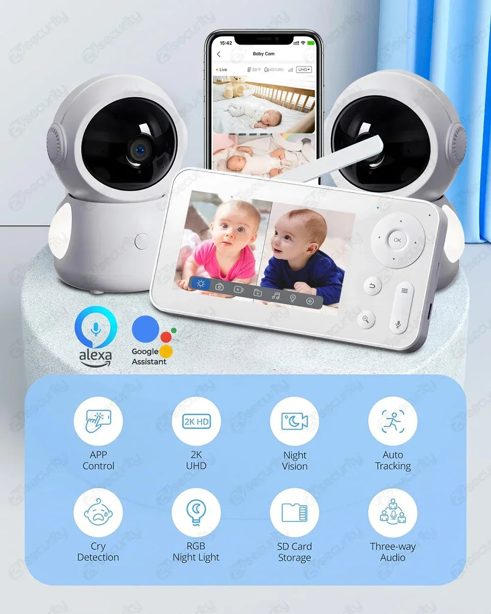 Baby monitor with two cameras and a display showing a baby, with Alexa and Google Assistant logos.