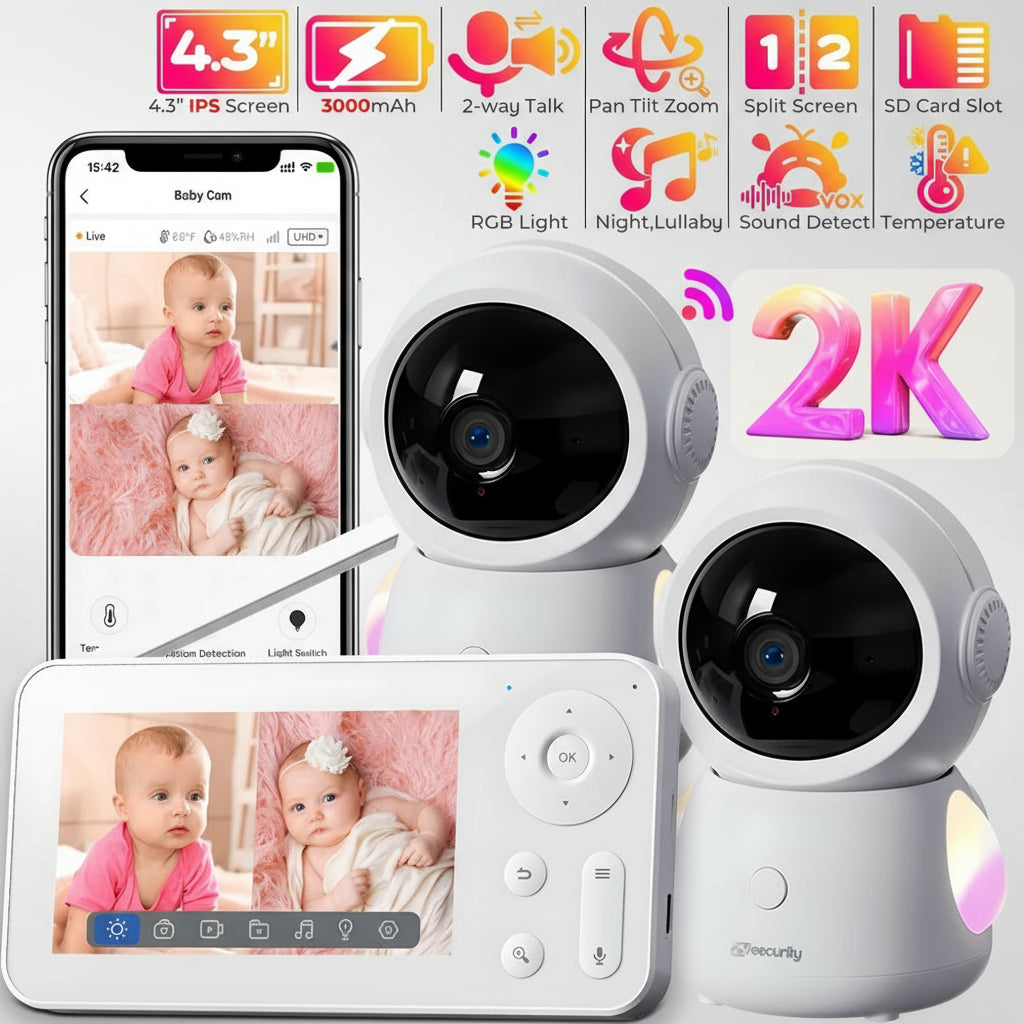 Baby monitor with two cameras, smartphone displaying baby footage, and feature icons on a white background.
